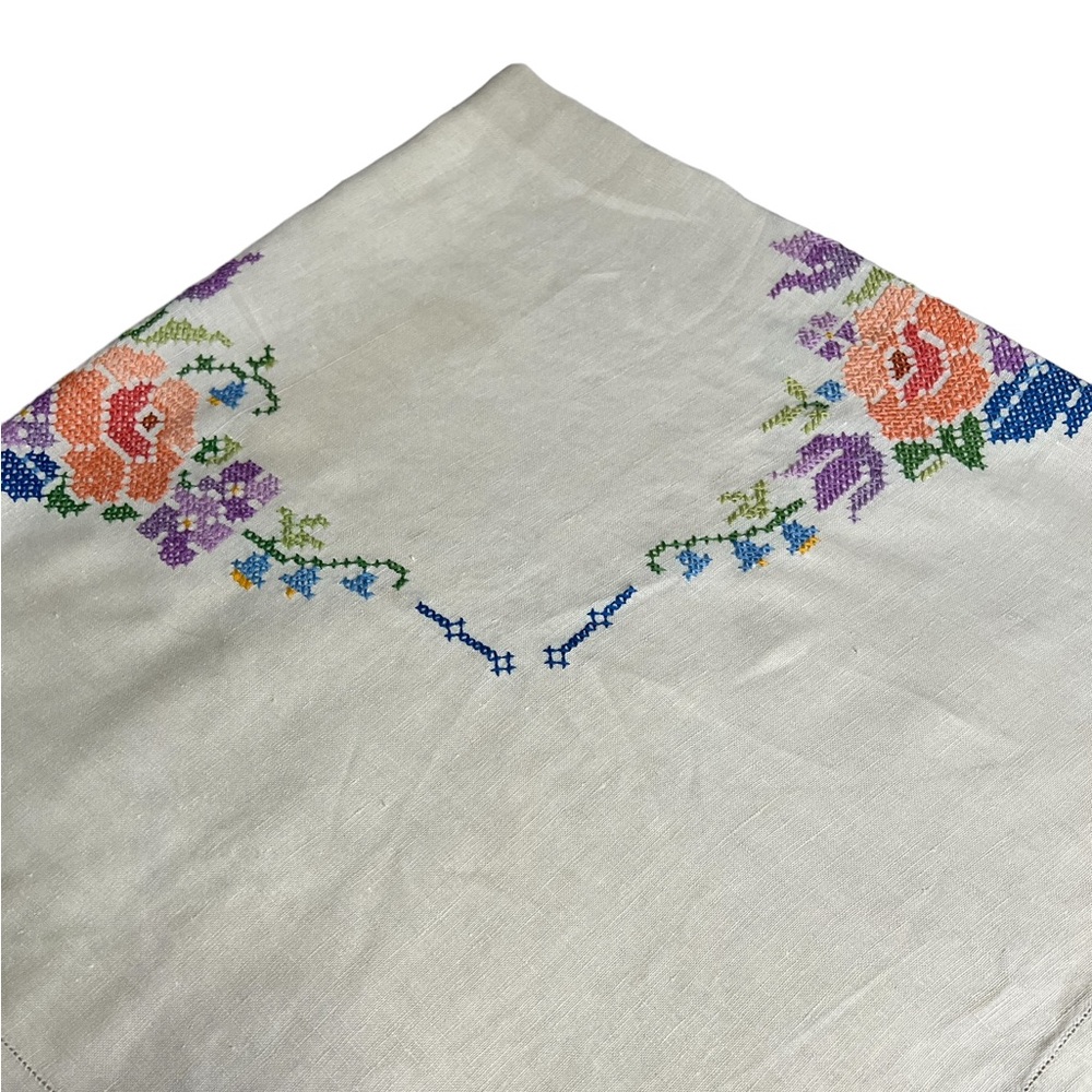 Vintage Mid Century Cross Stitch Embroidered Tablecloth